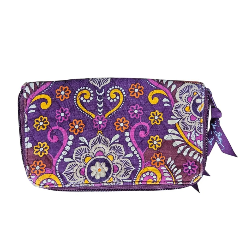 Vera Bradley Safari Sunset Zip bi-fold Wallet Purple Yellow Orange Quilted - Picture 5 of 5
